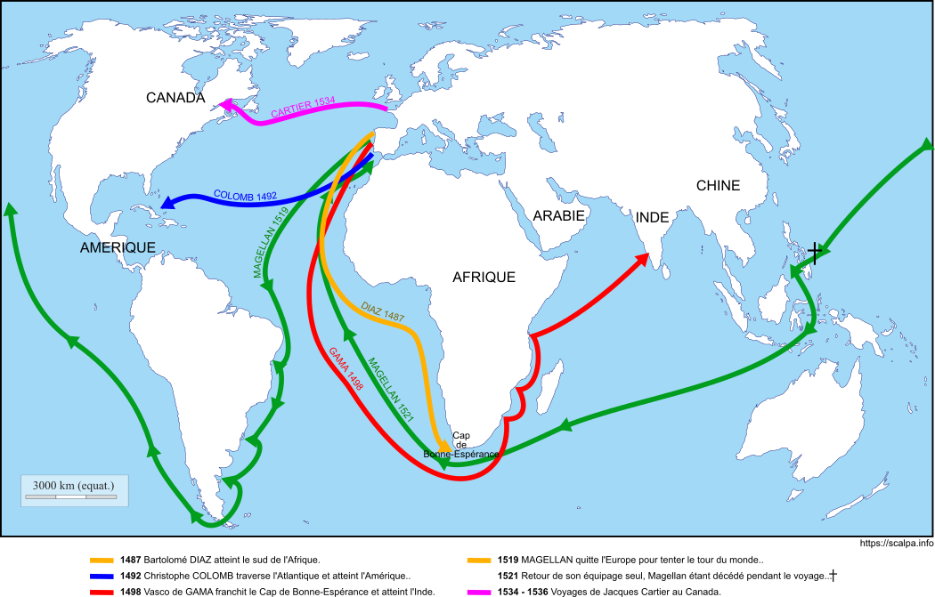 Carte des grandes explorations du 15e et 16e siècle